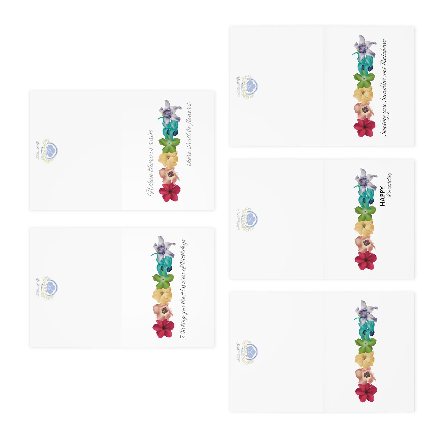Greeting Card Set- Pua Rainbow Birthday Pack: Plumeria, Hau, Puakenikeni, Pakalana, Blue Jade, Crown Flower