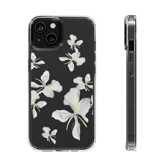 Idimedley Awapuhi white butterfly ginger flowers falling on clear iphone case. Front view and side view slim profile, cut out ports.