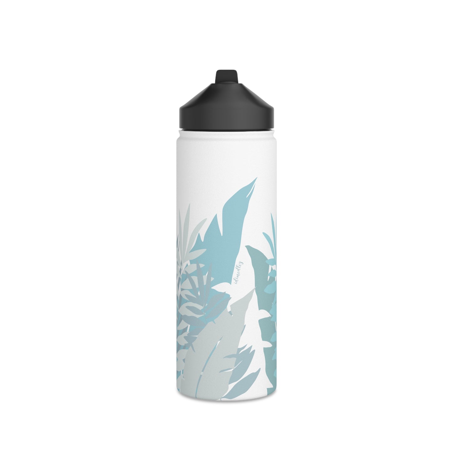 Water Bottle, 3 sizes, Stainless Steel with Sip Straw- Whispering Leaves in Blue