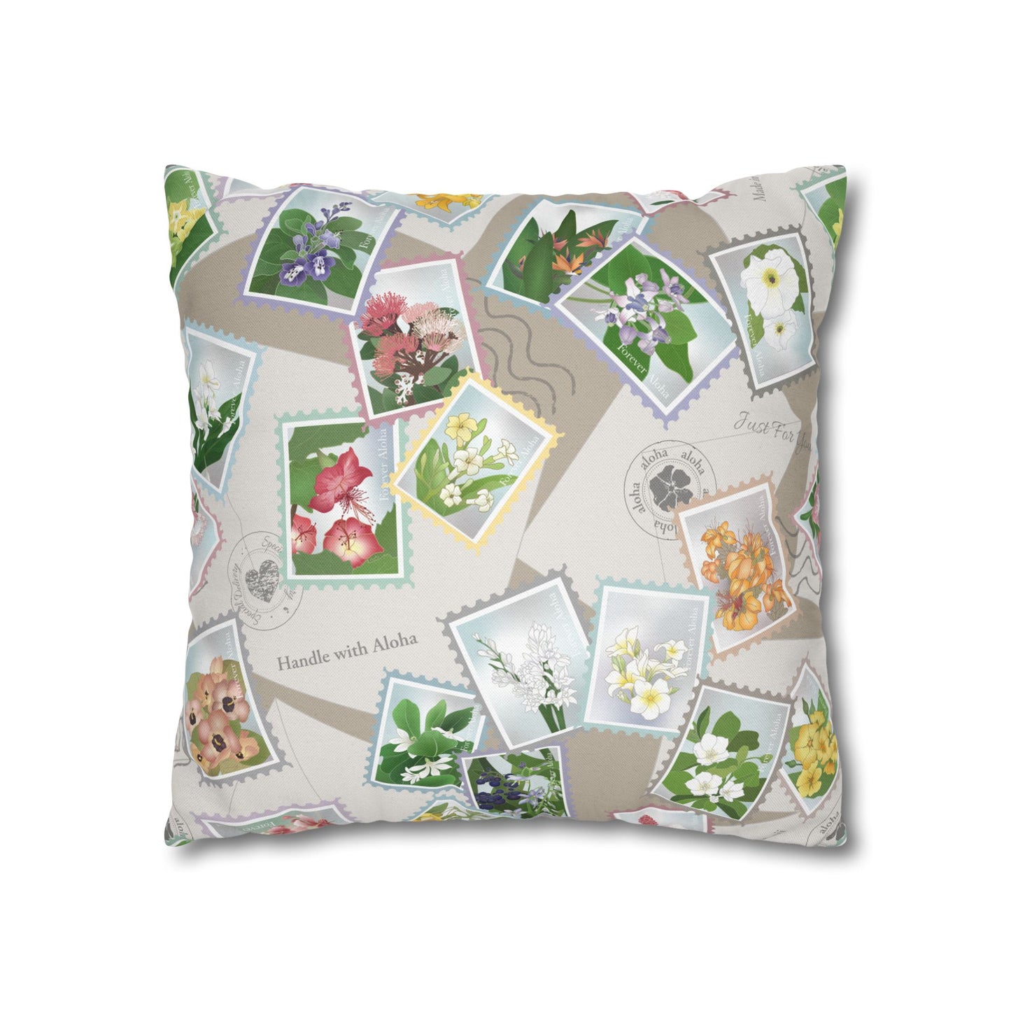 Canvas Throw Pillow Case- Hawaiian Flower Postage Stamp Collage