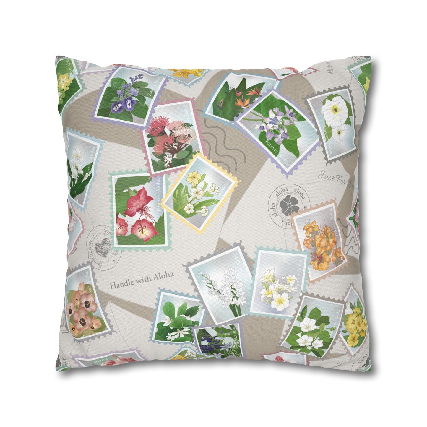 Canvas Throw Pillow Case- Hawaiian Flower Postage Stamp Collage