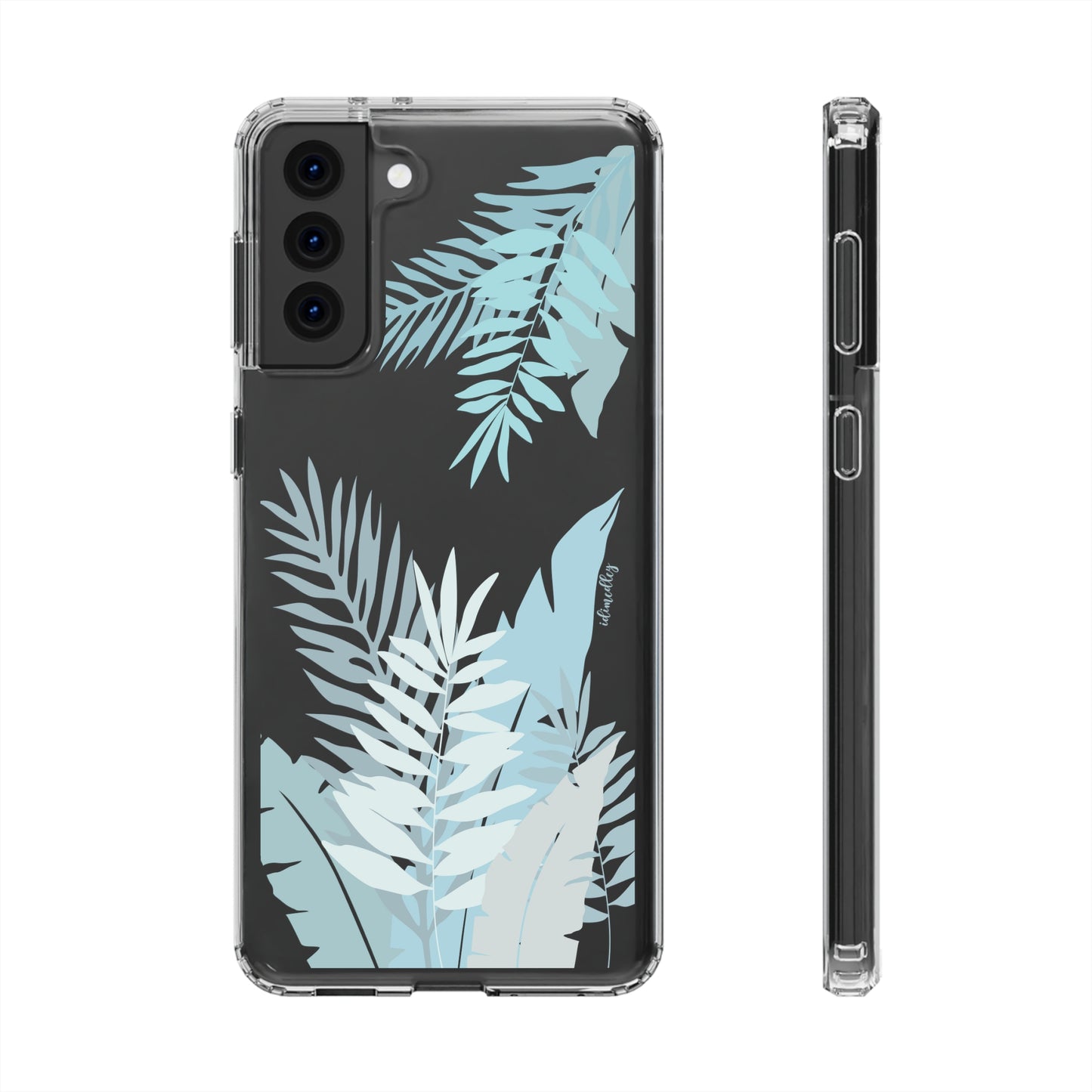 Light blue tropical ferns and leaves on a clear Samsung Galaxy case.