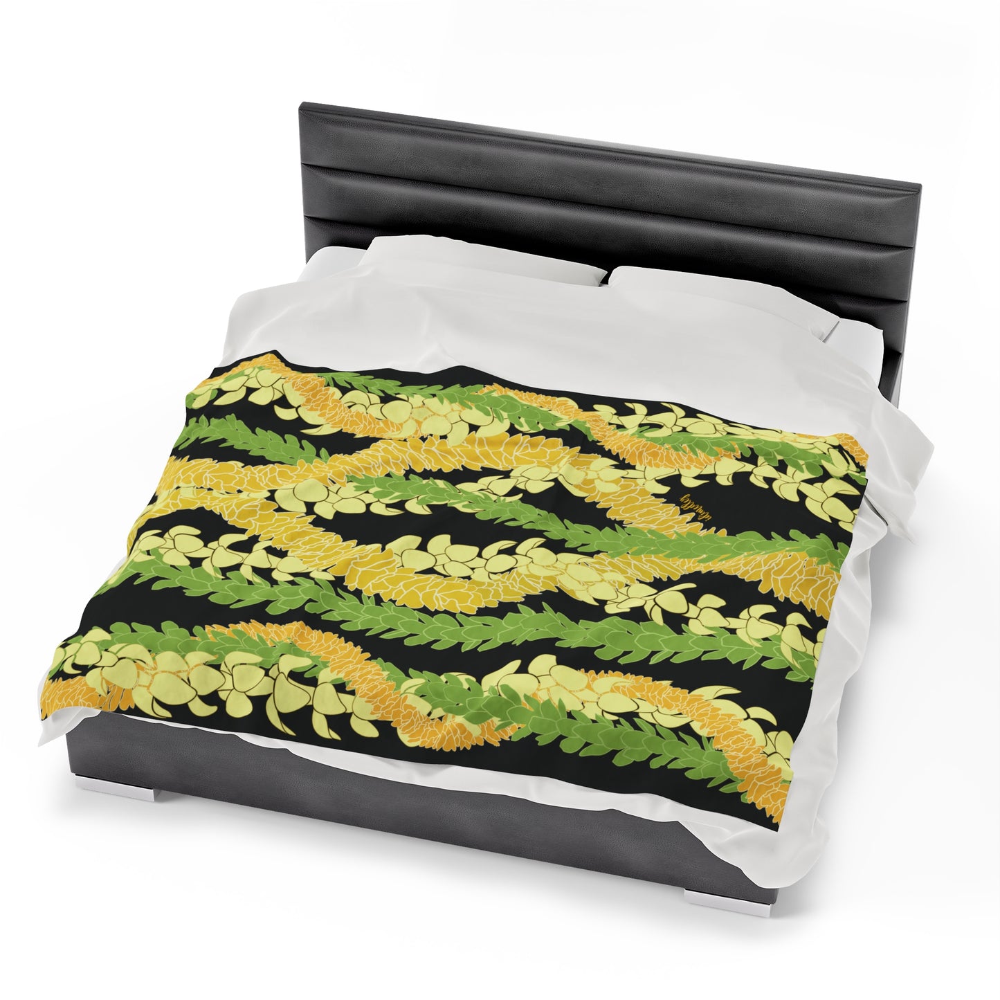 Velveteen Blanket- Triple Strand Puakenikeni, Pakalana and Ilima Leis (Black)