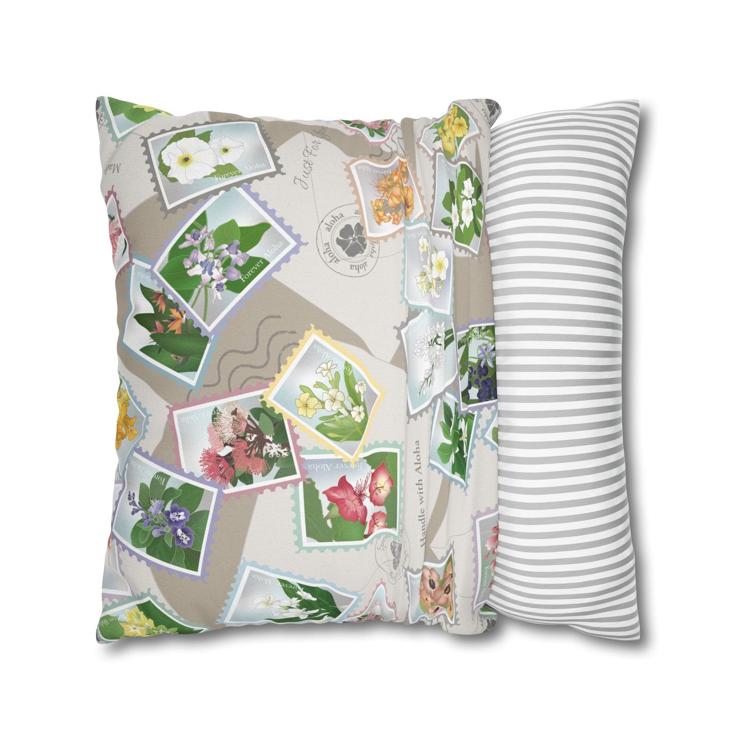 Canvas Throw Pillow Case- Hawaiian Flower Postage Stamp Collage