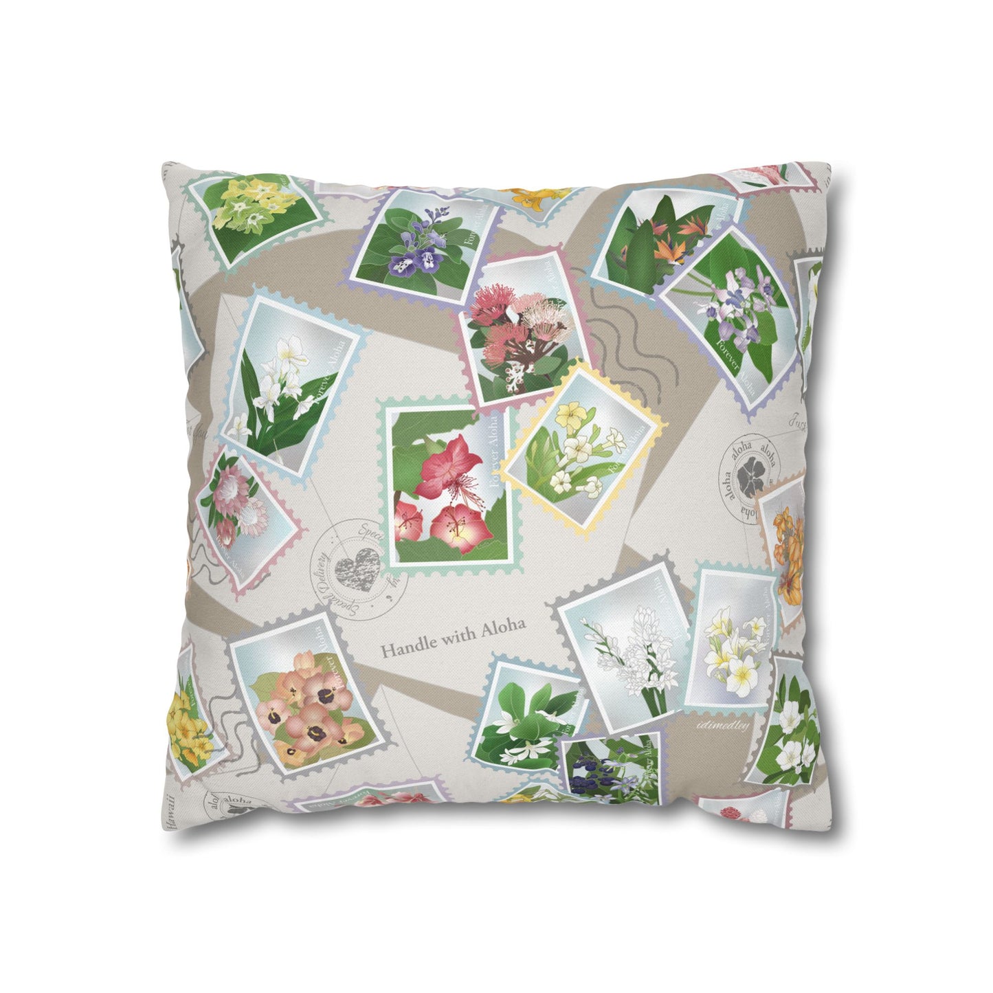 Canvas Throw Pillow Case- Hawaiian Flower Postage Stamp Collage