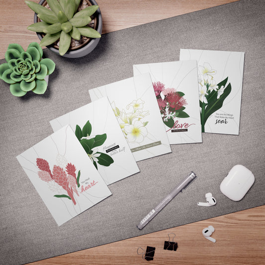 Greeting Card Set- Floral Love Set: Hawaiian Ginger, Plumeria, Ohia Lehua, White Butterfly Ginger, Naupaka, Variety Pack of 5