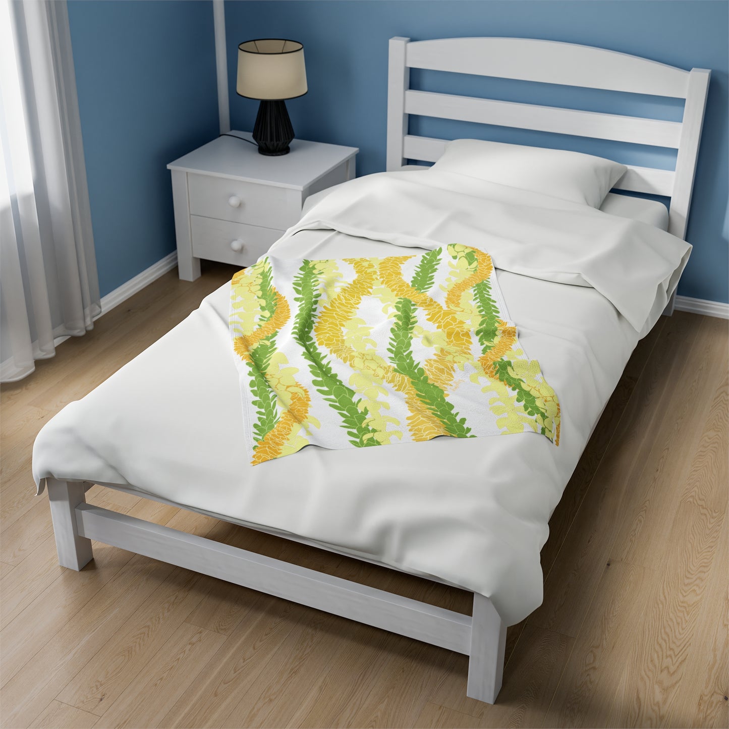 Velveteen Blanket- Triple Strand Puakenikeni, Pakalana and Ilima Leis (White)