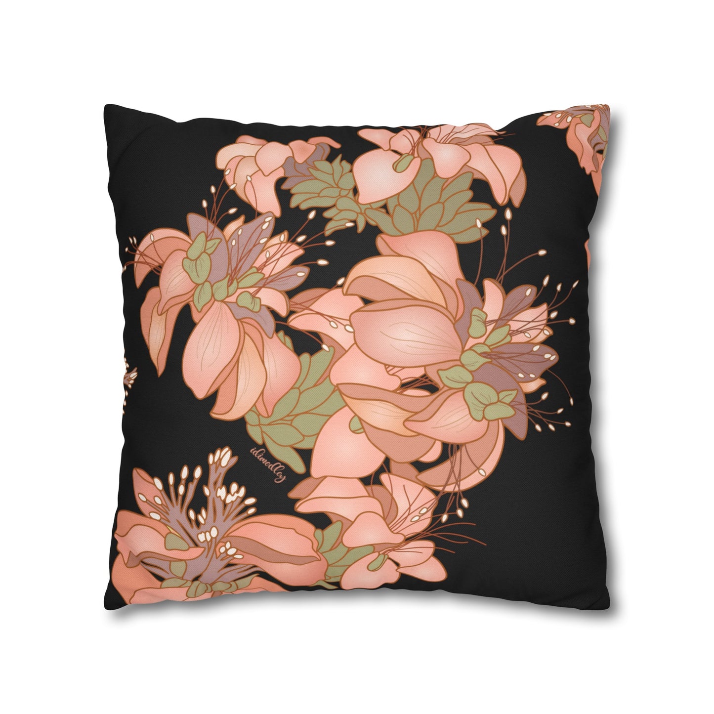Canvas Throw Pillow Case- Wili Wili Flowers (Black)