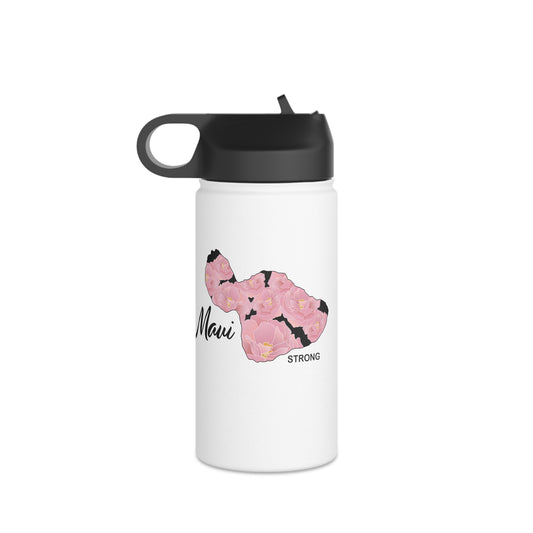 Water Bottle, 3 sizes, Stainless Steel with Sip Straw- Maui Strong Lokelani Rose Island
