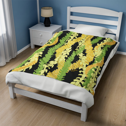 Velveteen Blanket- Triple Strand Puakenikeni, Pakalana and Ilima Leis (Black)