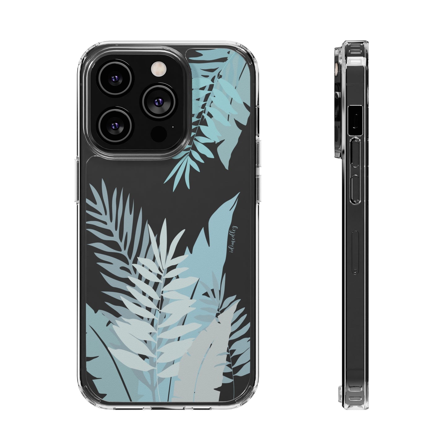 Light blue tropical ferns and leaves on a clear iphone 14 case.