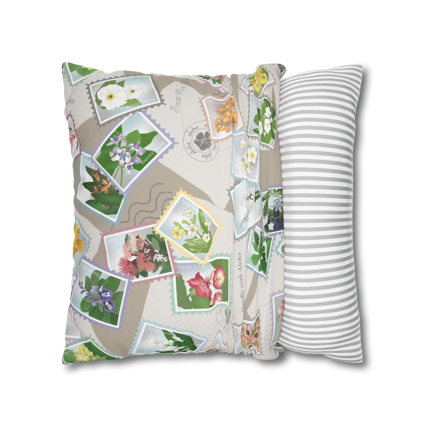 Canvas Throw Pillow Case- Hawaiian Flower Postage Stamp Collage