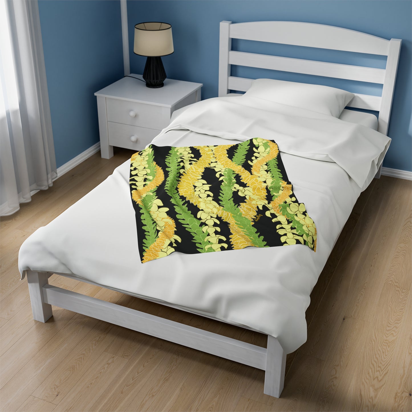 Velveteen Blanket- Triple Strand Puakenikeni, Pakalana and Ilima Leis (Black)