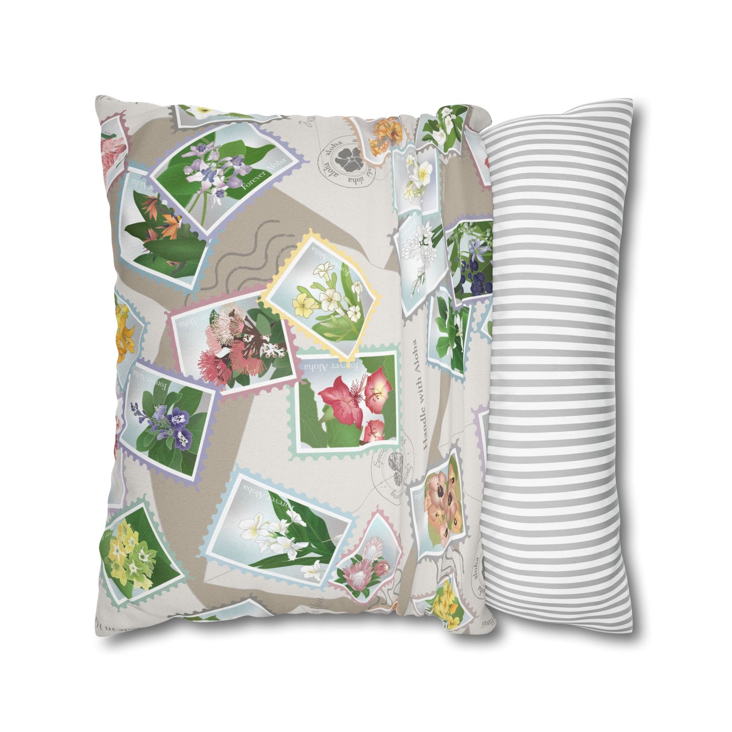 Canvas Throw Pillow Case- Hawaiian Flower Postage Stamp Collage