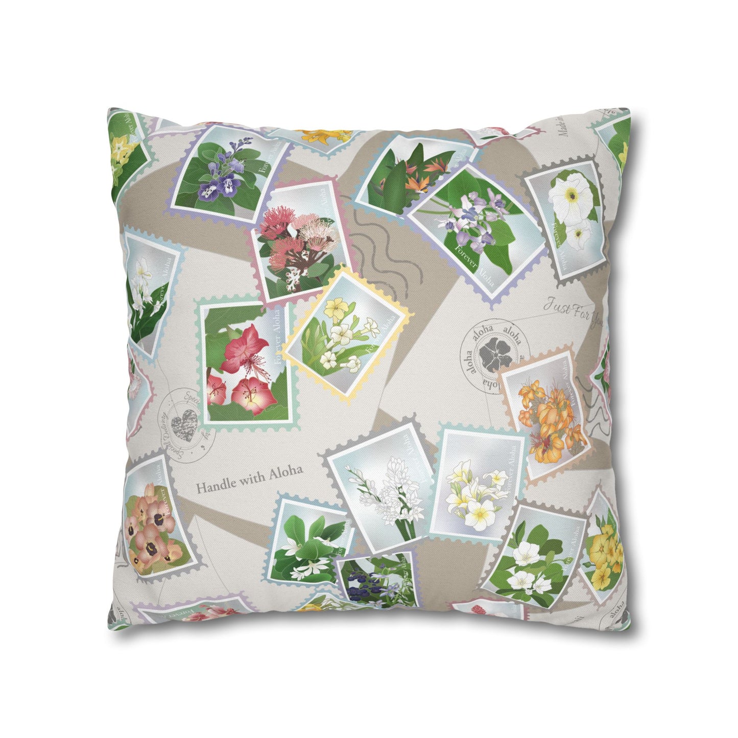 Canvas Throw Pillow Case- Hawaiian Flower Postage Stamp Collage