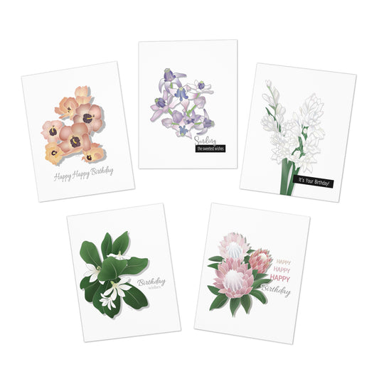 Greeting Card Set- Floral Happy Birthday: Hau, Crown Flower, Tuberose, Naupaka, Protea, Variety Pack of 5