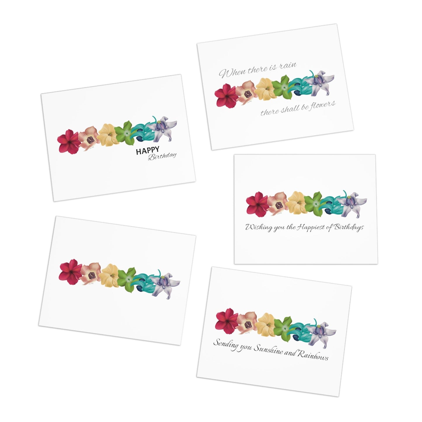 Greeting Card Set- Pua Rainbow Birthday Pack: Plumeria, Hau, Puakenikeni, Pakalana, Blue Jade, Crown Flower