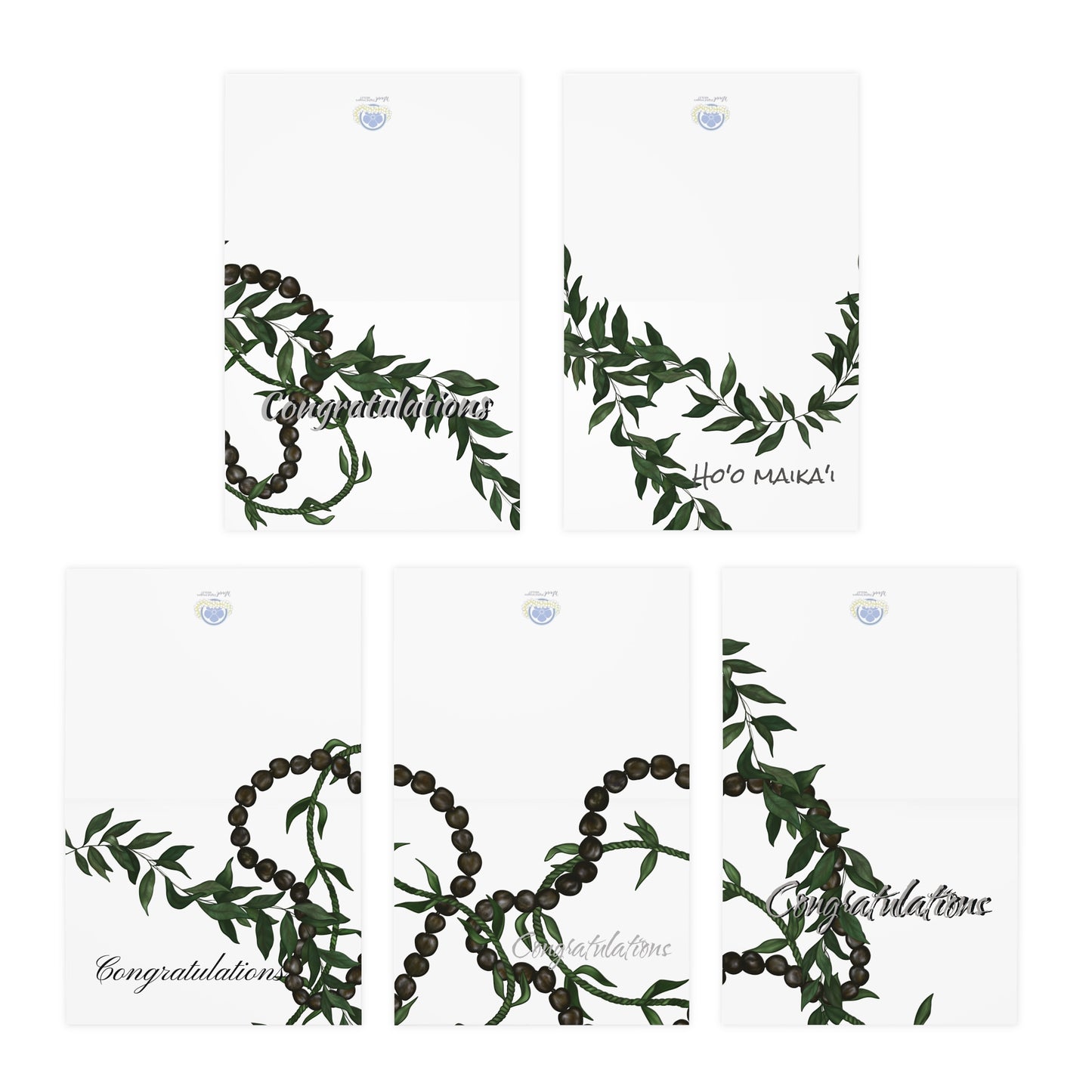 Congratulations Ho’o Maika’i Kukui Nut, Maile and Ti Leaf Lei Greeting Cards, Set of 5