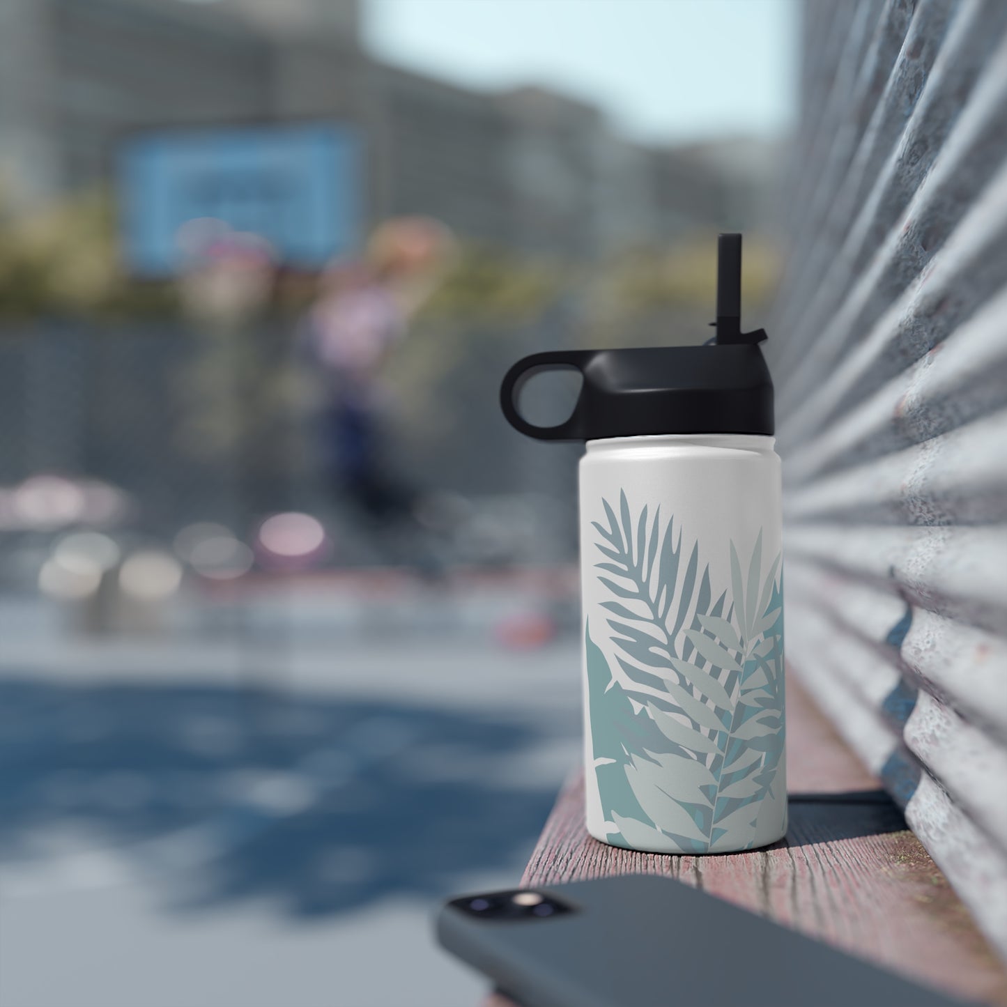 Water Bottle, 3 sizes, Stainless Steel with Sip Straw- Whispering Leaves in Blue