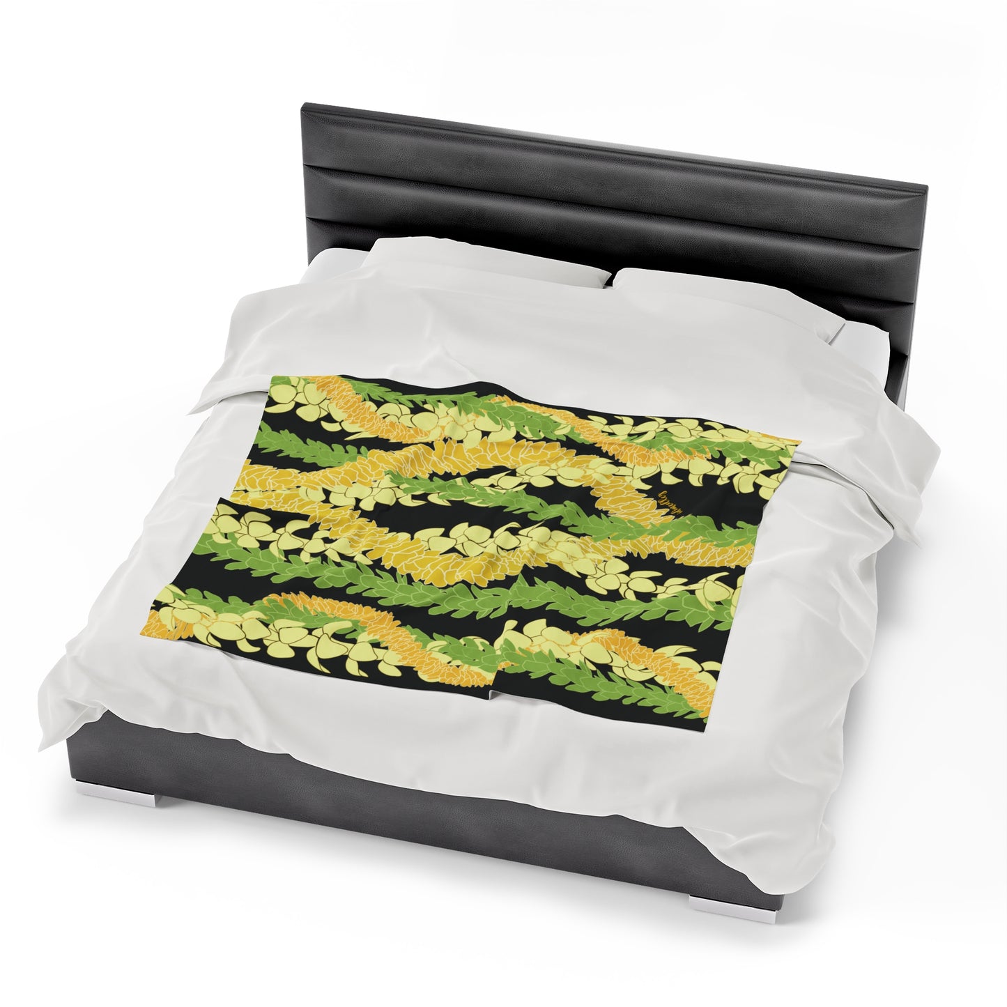 Velveteen Blanket- Triple Strand Puakenikeni, Pakalana and Ilima Leis (Black)