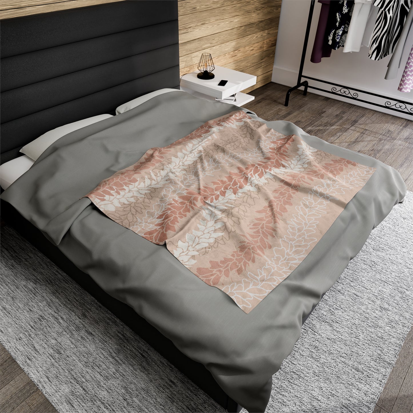 Velveteen Blanket- Hawaiian Awapuhi White Ginger Lei (Peach)