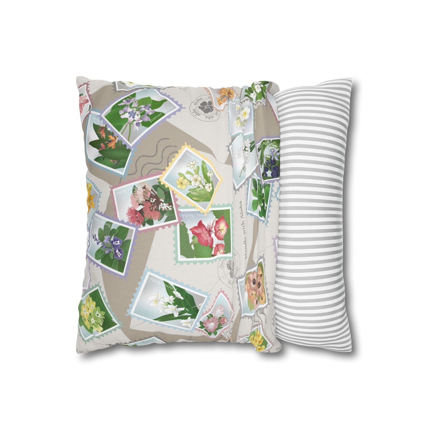 Canvas Throw Pillow Case- Hawaiian Flower Postage Stamp Collage