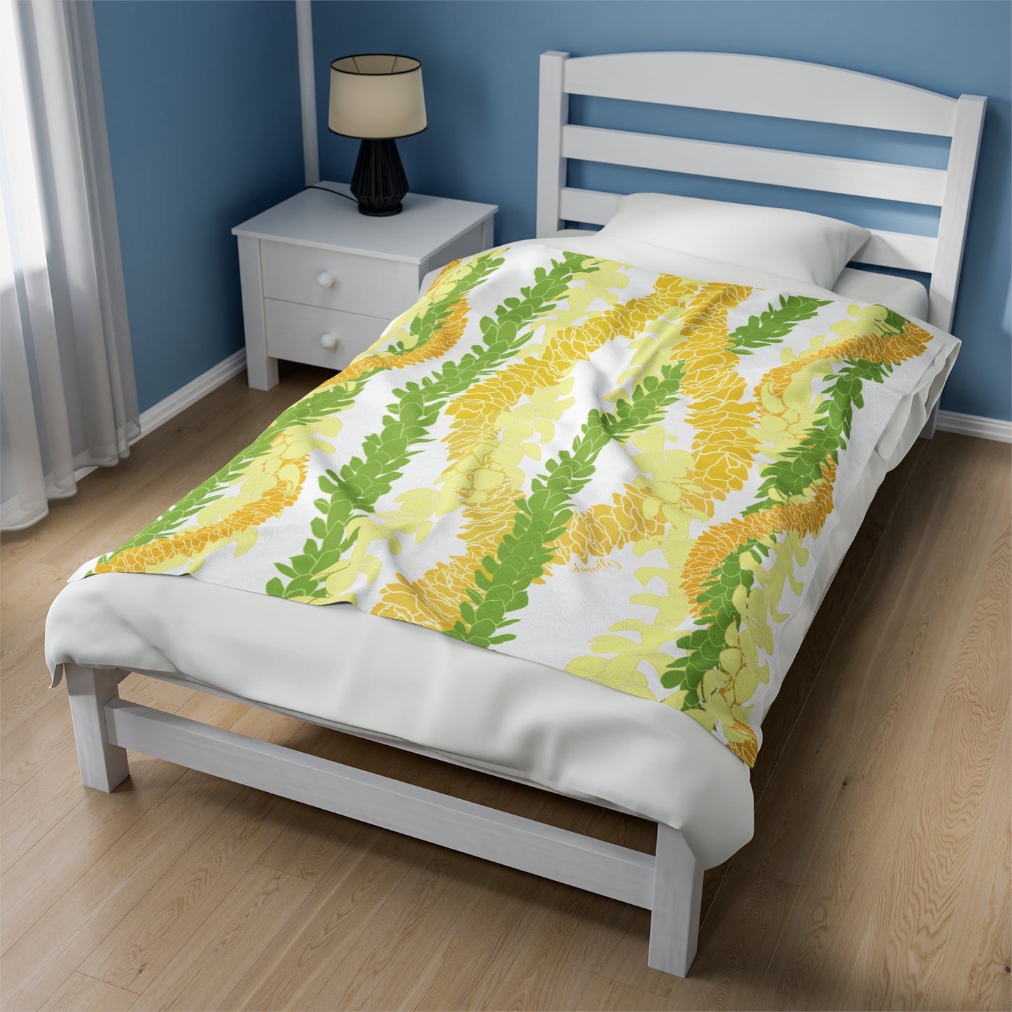 Velveteen Blanket- Triple Strand Puakenikeni, Pakalana and Ilima Leis (White)