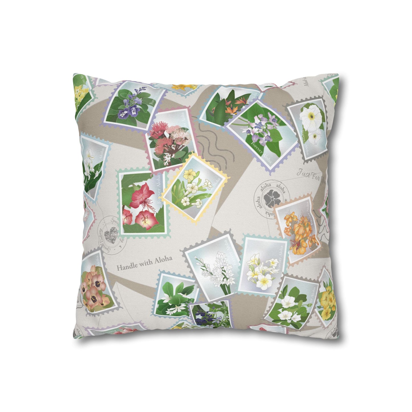 Canvas Throw Pillow Case- Hawaiian Flower Postage Stamp Collage
