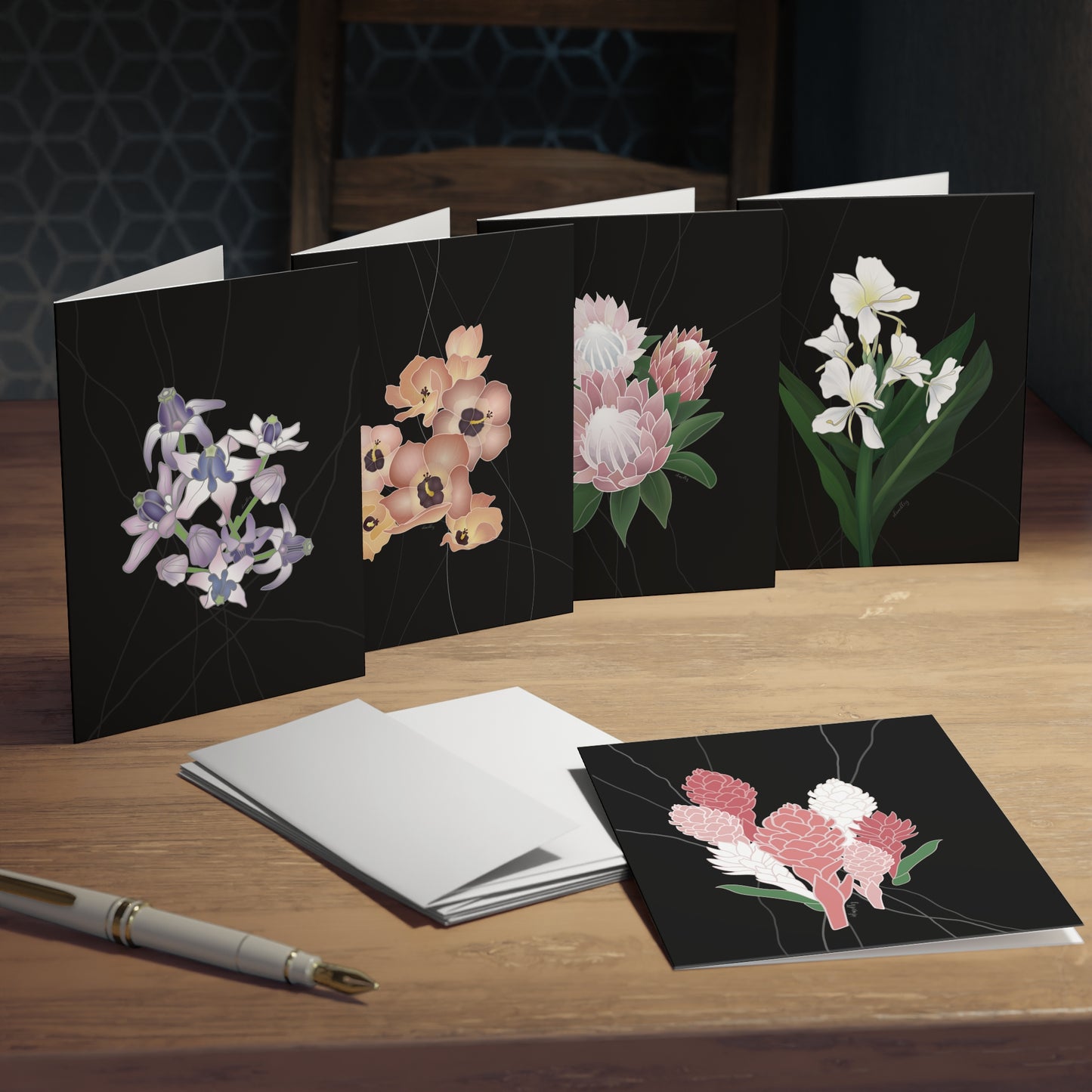Notecard Set- Idimedley’s Favorite Florals Black Set: Hawaiian Ginger, Crown Flower, Hau Sea Hibiscus, Protea, White Butterfly Ginger, Variety Pack of 5