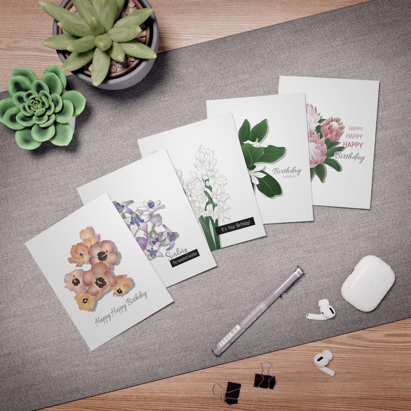 Greeting Card Set- Floral Happy Birthday: Hau, Crown Flower, Tuberose, Naupaka, Protea, Variety Pack of 5