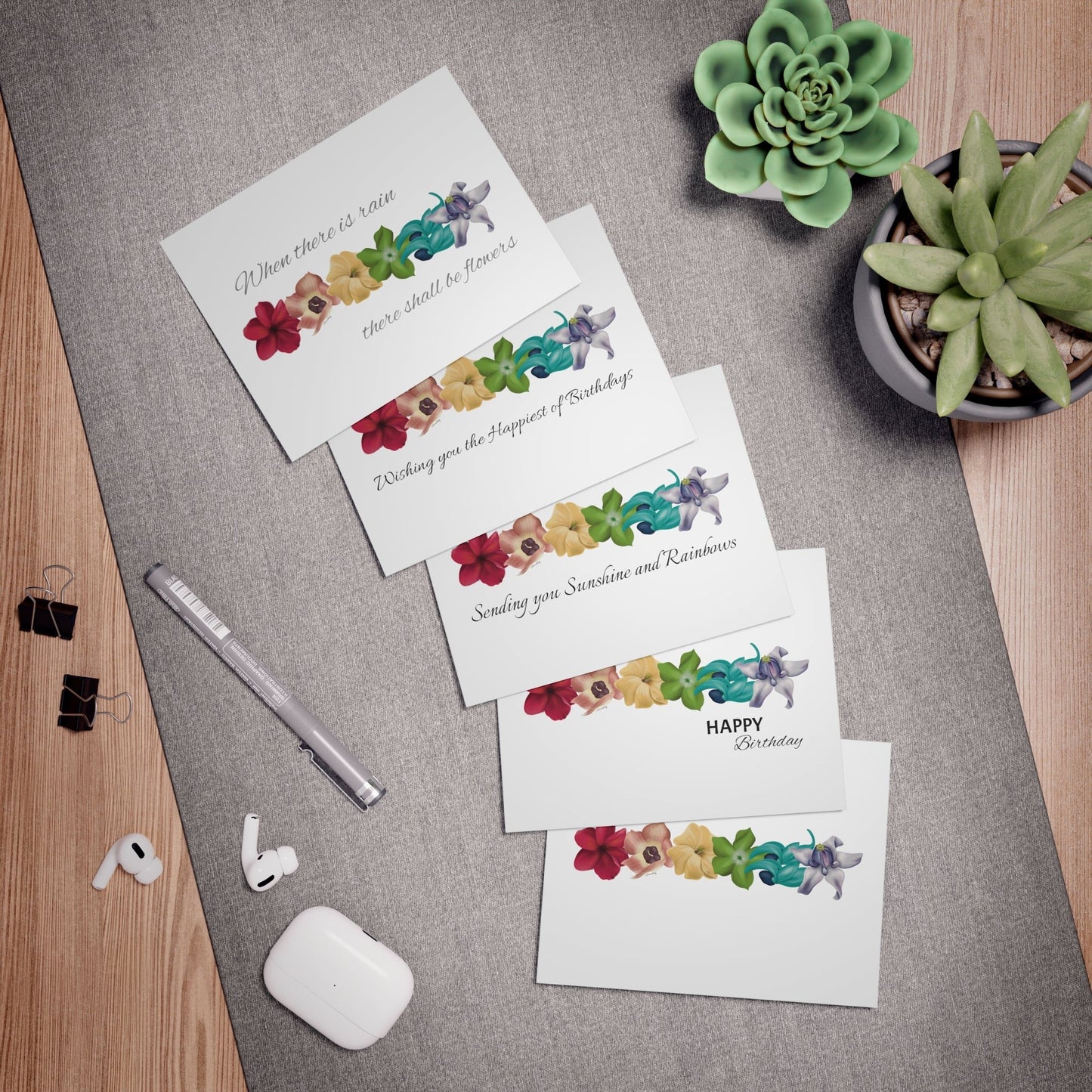 Greeting Card Set- Pua Rainbow Birthday Pack: Plumeria, Hau, Puakenikeni, Pakalana, Blue Jade, Crown Flower