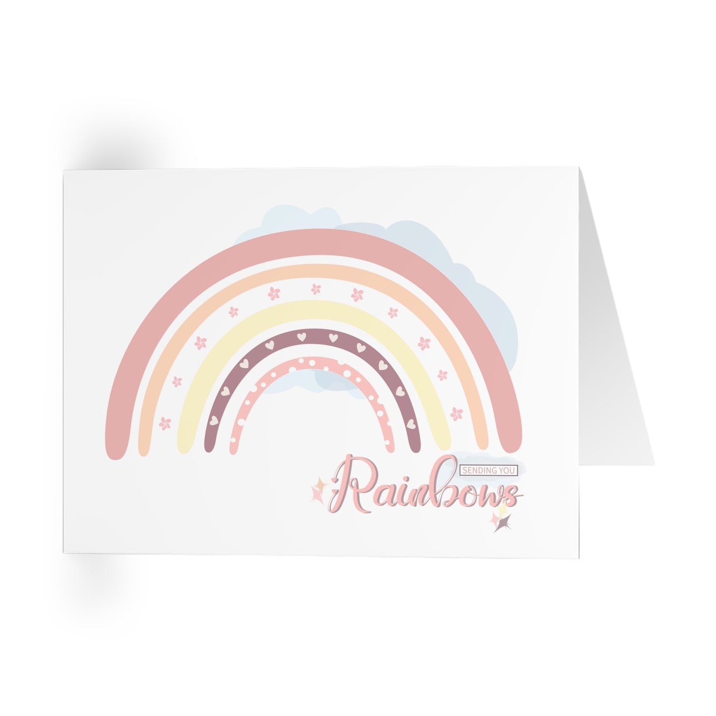 Sending you a Rainbow sentiment on a pastel pink, peach and yellow rainbow with hearts and flowers.