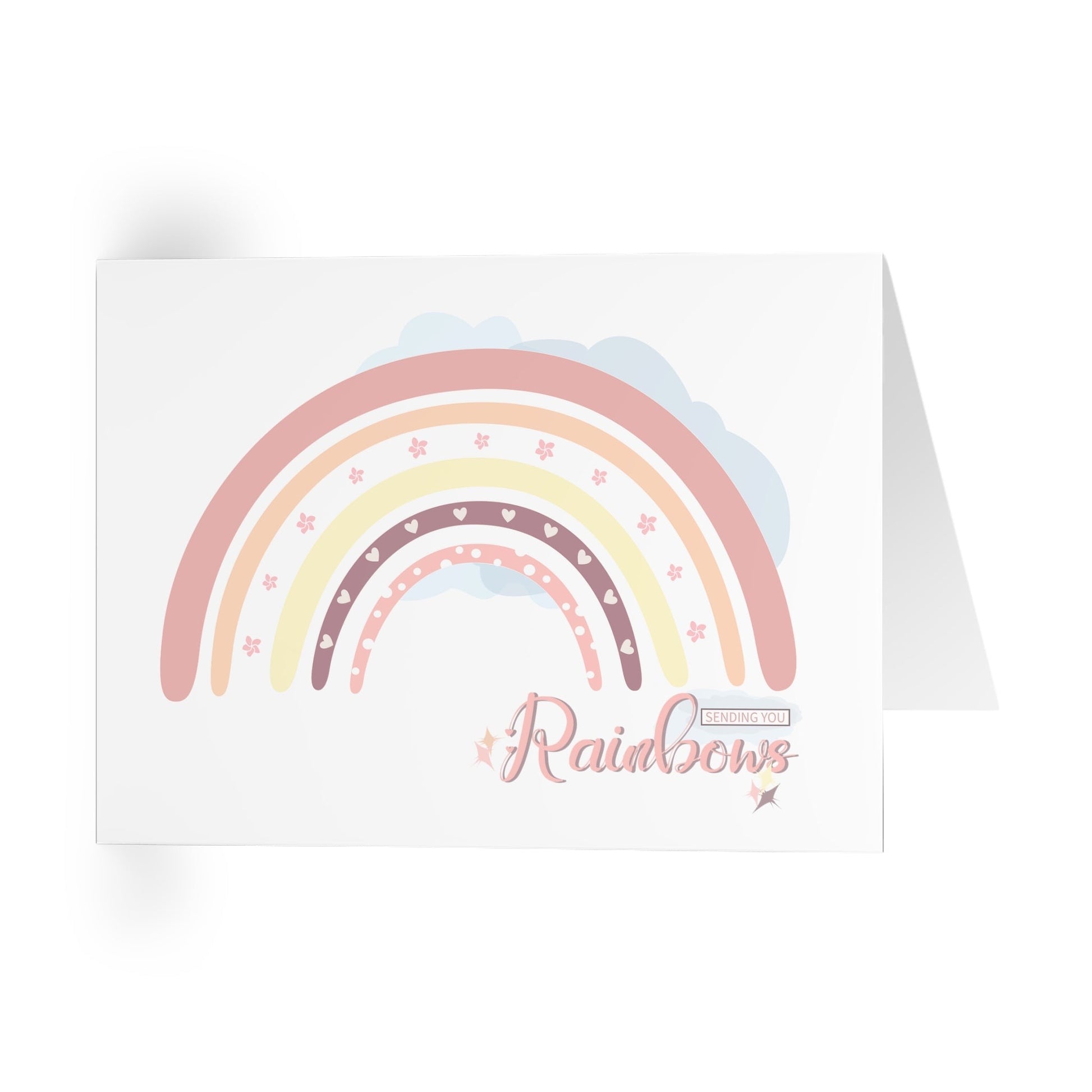 Sending you a Rainbow sentiment on a pastel pink, peach and yellow rainbow with hearts and flowers.