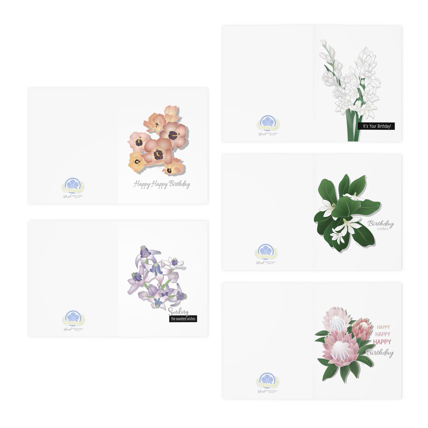 Greeting Card Set- Floral Happy Birthday: Hau, Crown Flower, Tuberose, Naupaka, Protea, Variety Pack of 5