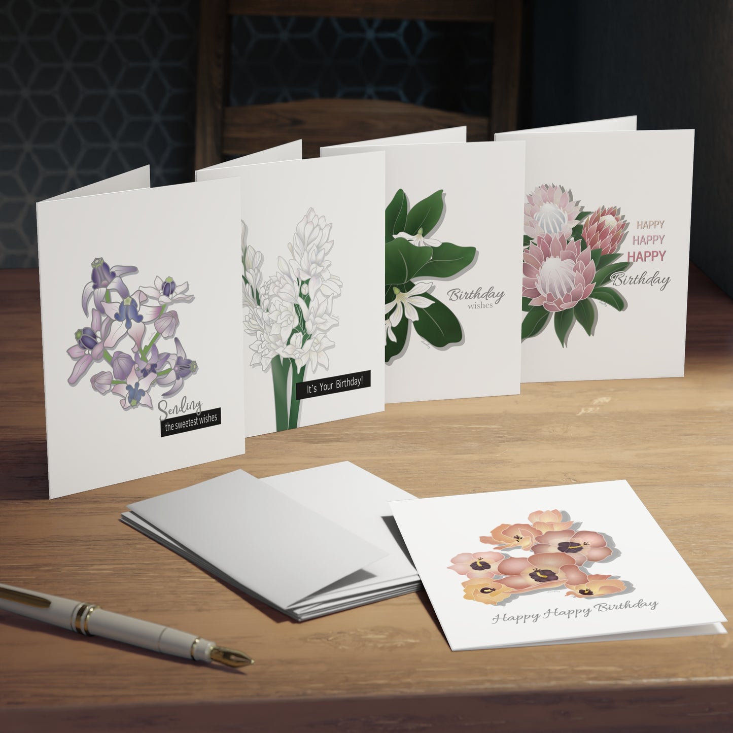 Greeting Card Set- Floral Happy Birthday: Hau, Crown Flower, Tuberose, Naupaka, Protea, Variety Pack of 5