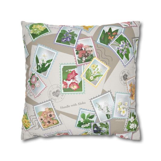Canvas Throw Pillow Case- Hawaiian Flower Postage Stamp Collage