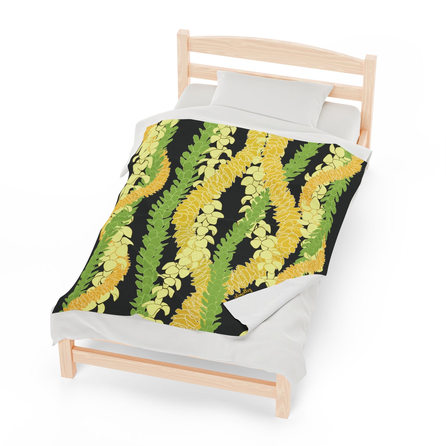 Velveteen Blanket- Triple Strand Puakenikeni, Pakalana and Ilima Leis (Black)