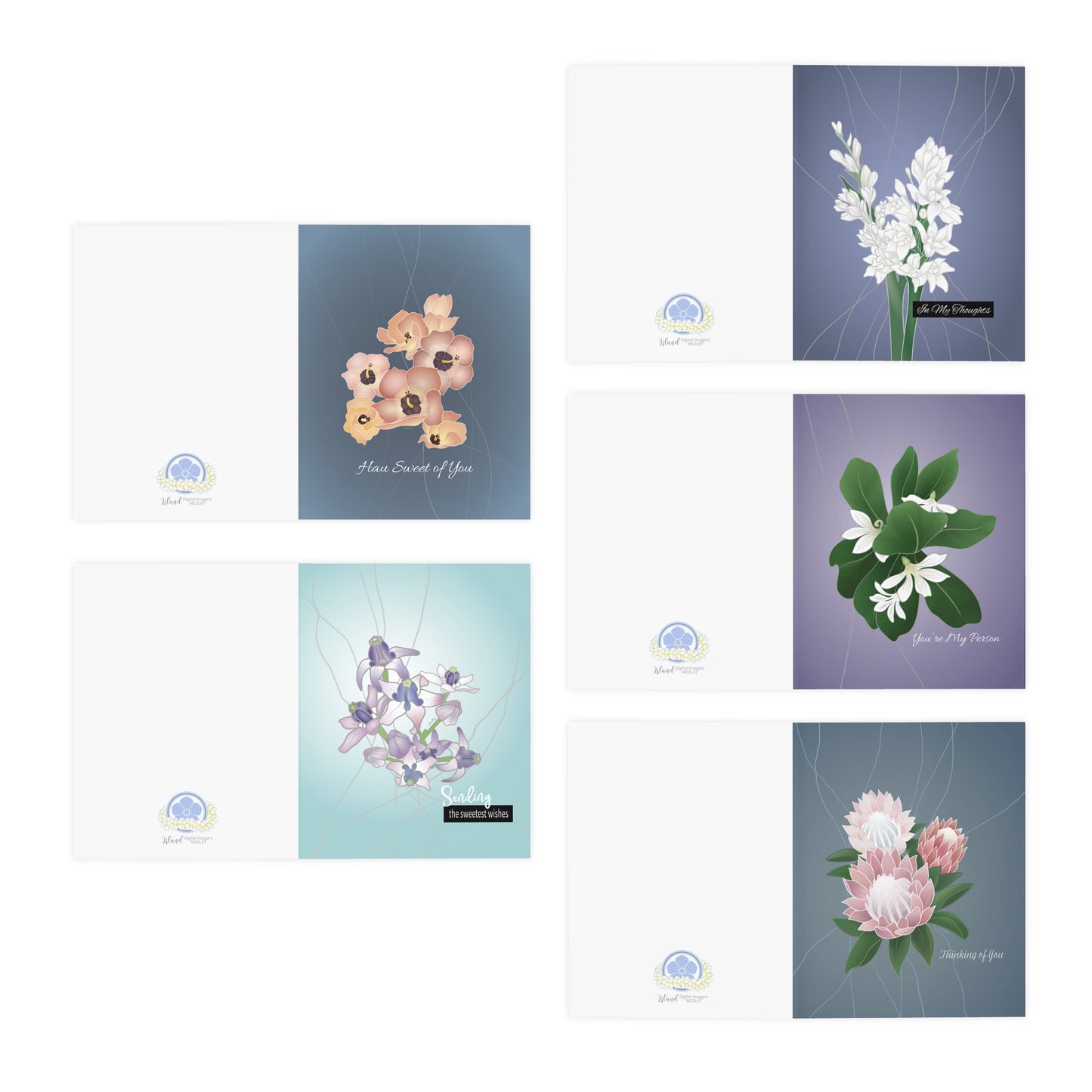 Greeting Card Set- Floral Sweet Sentiments: Hau, Crown Flower, Tuberose, Naupaka, Protea, Variety Pack of 5