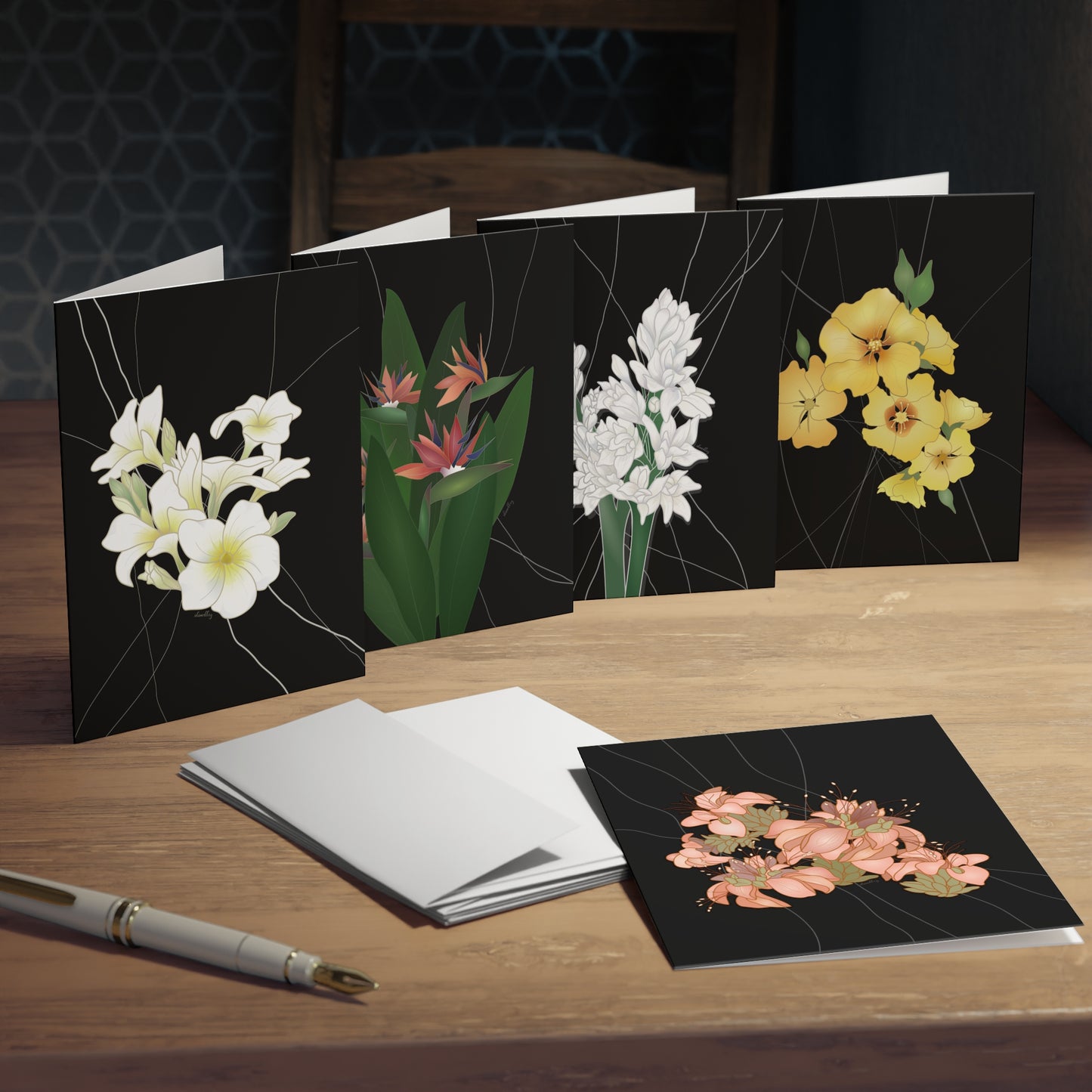 Notecard Set- Hawaii’s Favorite Florals Set 2 in Black: Wili WIli, Plumeria, Bird of Paradise, Tuberose, Ilima, Variety Pack of 5