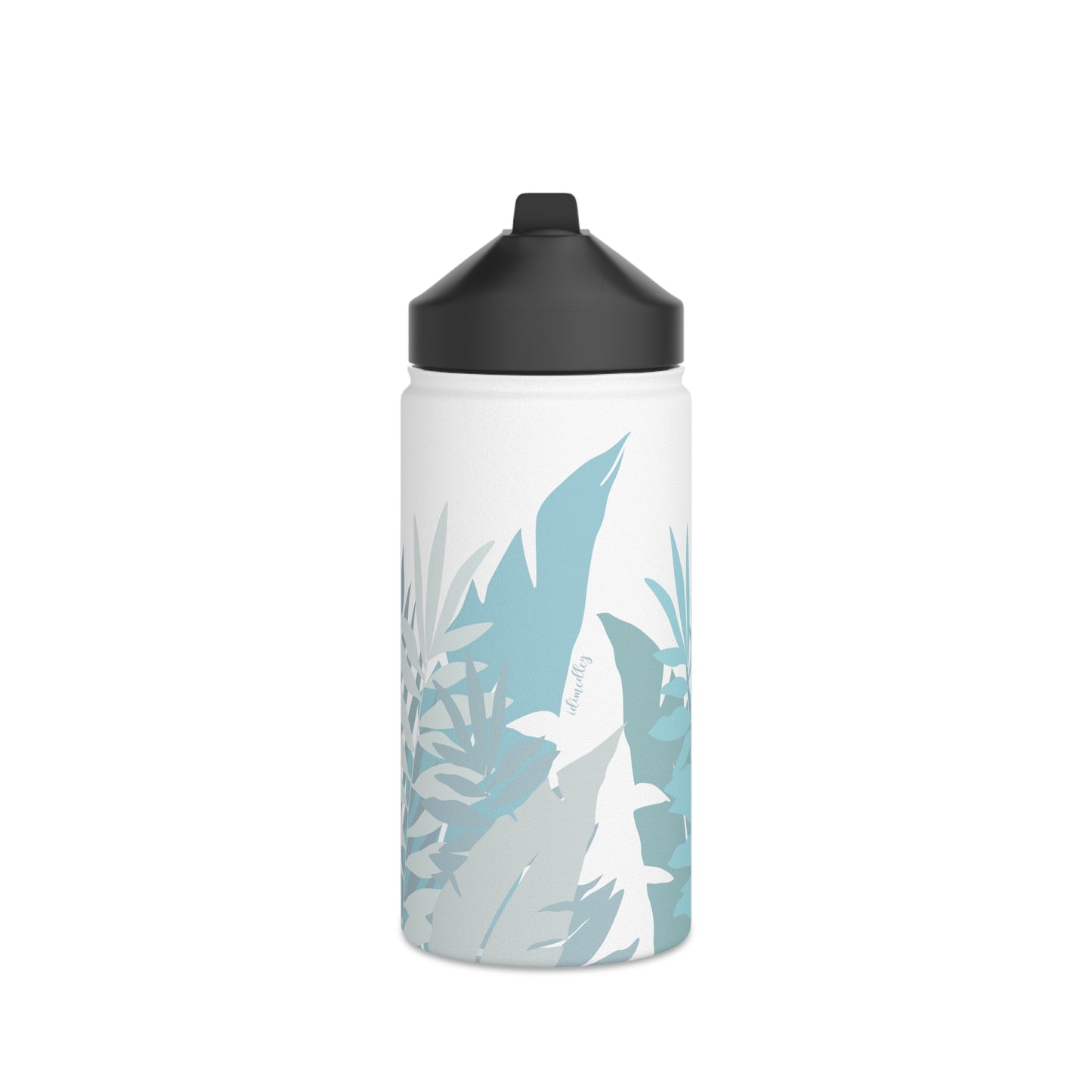Water Bottle, 3 sizes, Stainless Steel with Sip Straw- Whispering Leaves in Blue