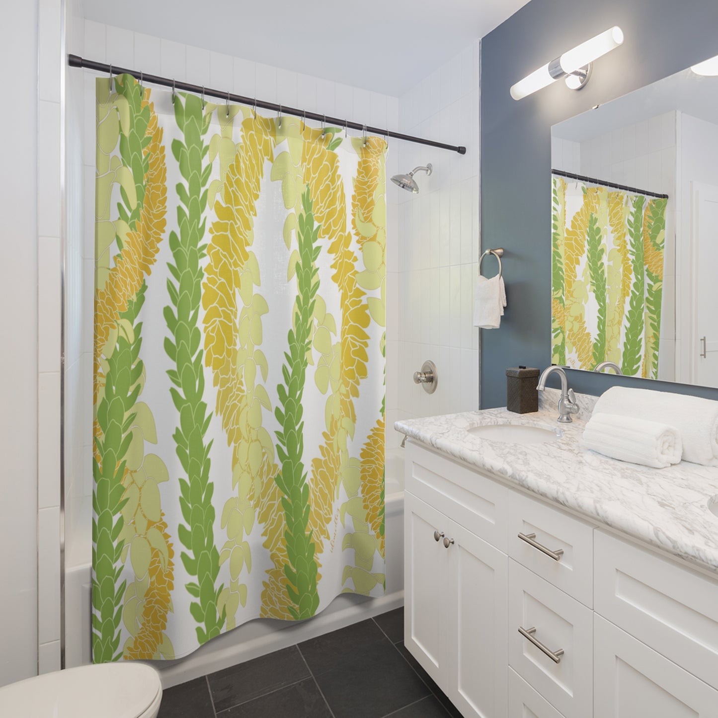 Shower Curtain- Triple Strand Ilima, Pakalana and Puakenikeni Leis (White)