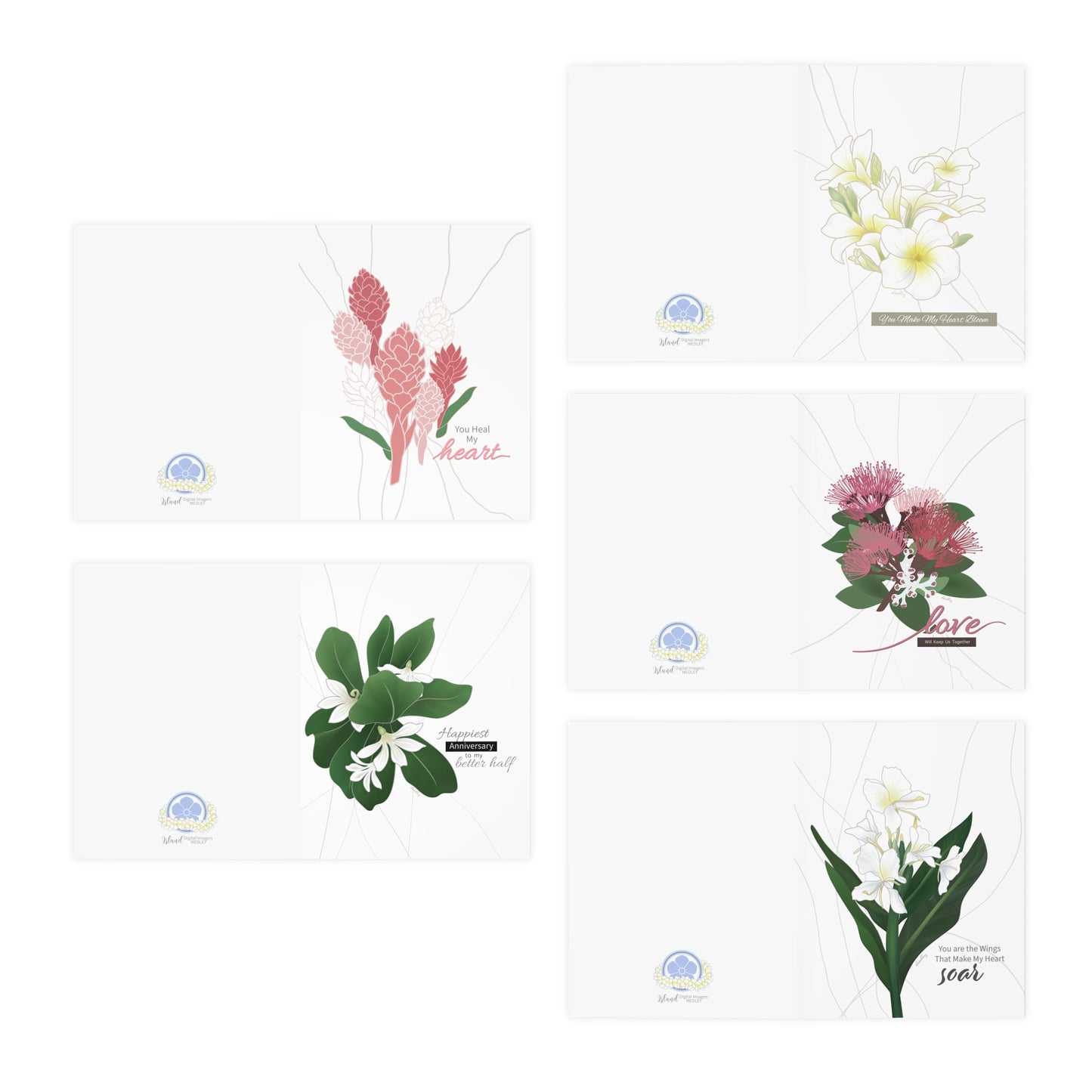 Greeting Card Set- Floral Love Set: Hawaiian Ginger, Plumeria, Ohia Lehua, White Butterfly Ginger, Naupaka, Variety Pack of 5