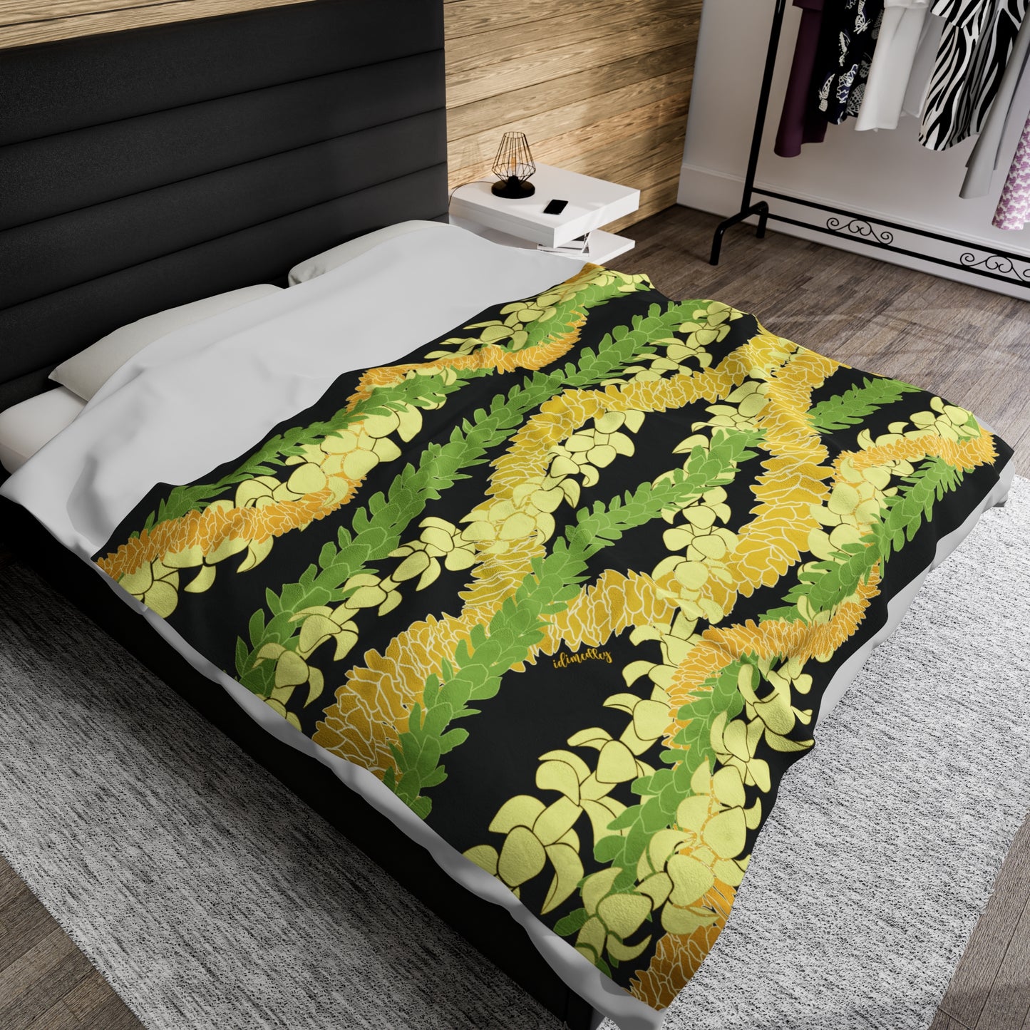 Velveteen Blanket- Triple Strand Puakenikeni, Pakalana and Ilima Leis (Black)