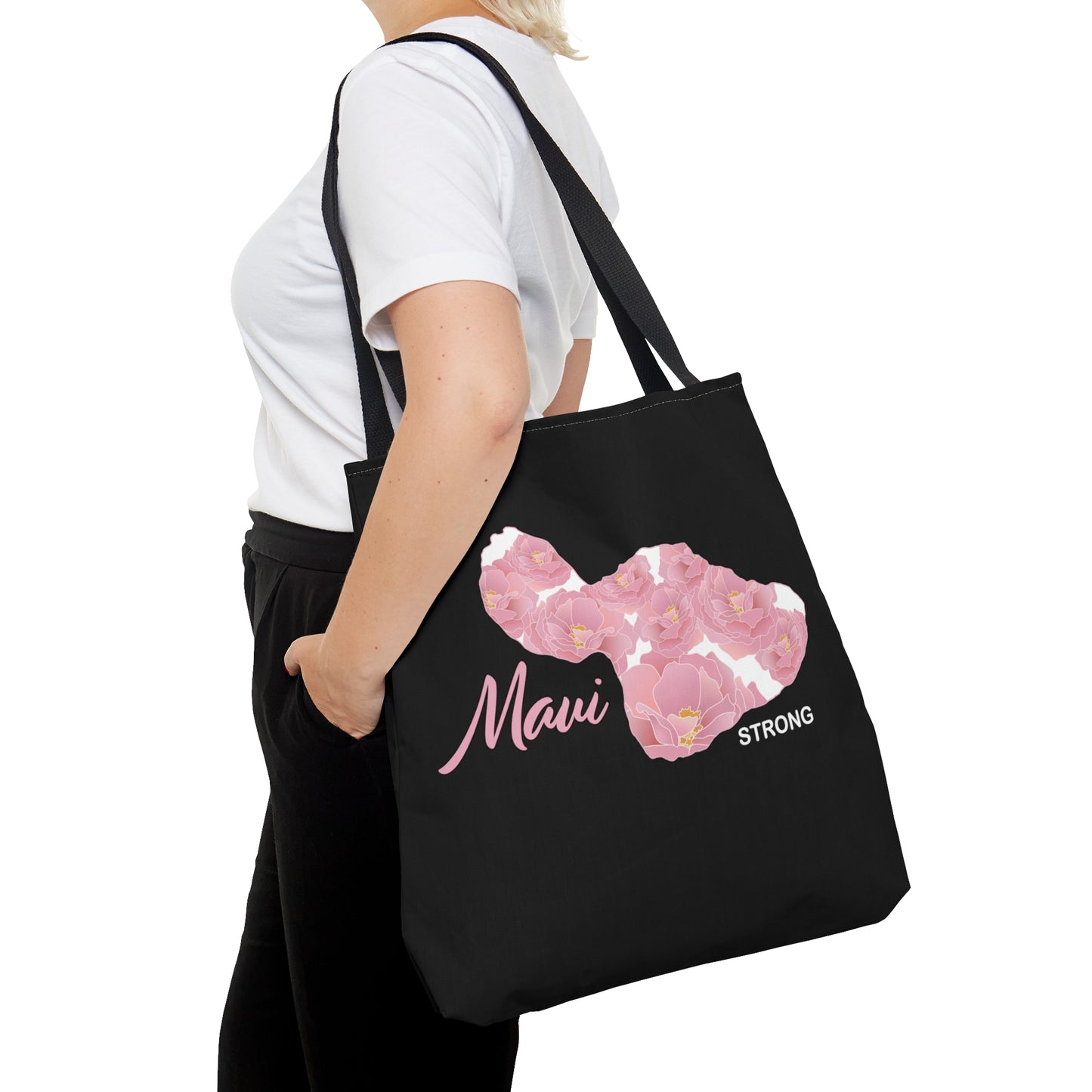 Tote bag- Maui Strong Lokelani Rose Island in Black and Pink, Maui Support for Lahaina Wildfires, Fundraiser, Profits Donated