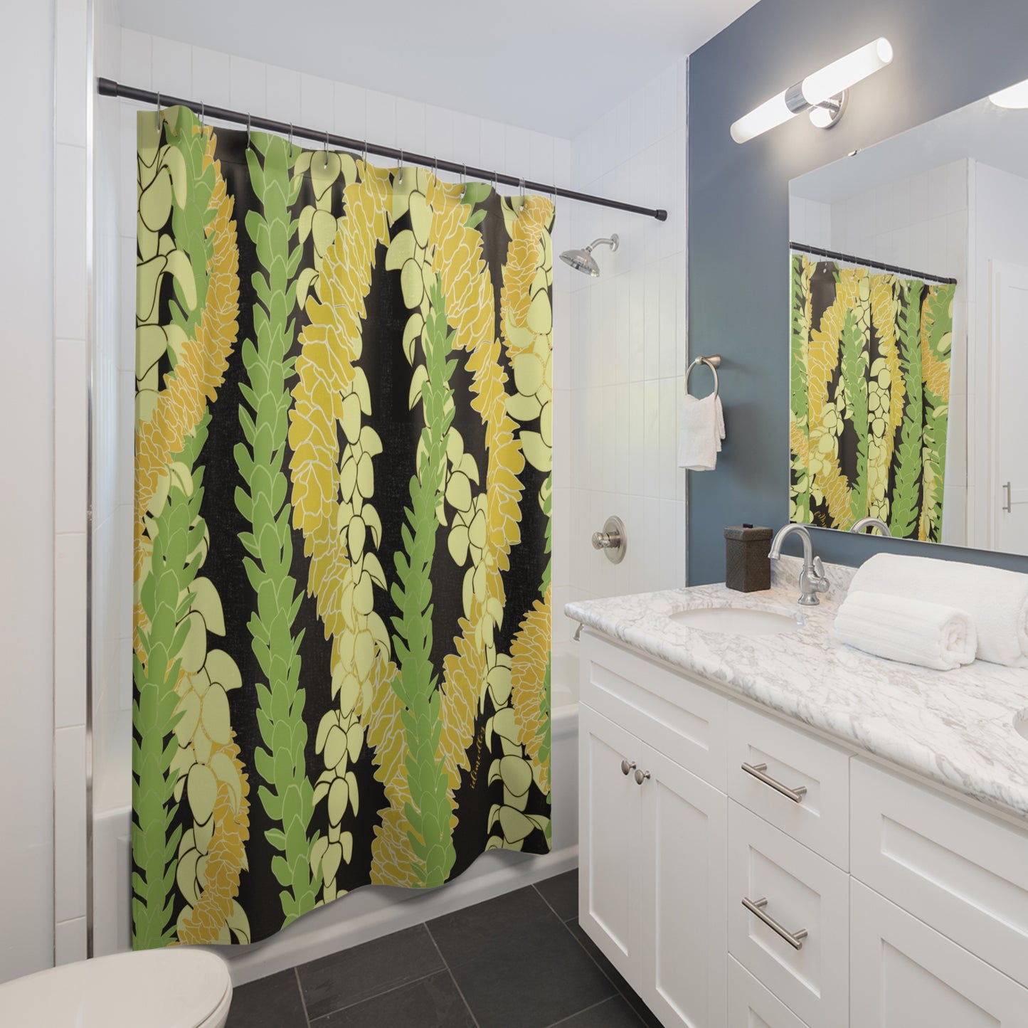 Shower Curtain- Triple Strand Puakenikeni, Pakalana and Ilima Leis in Black