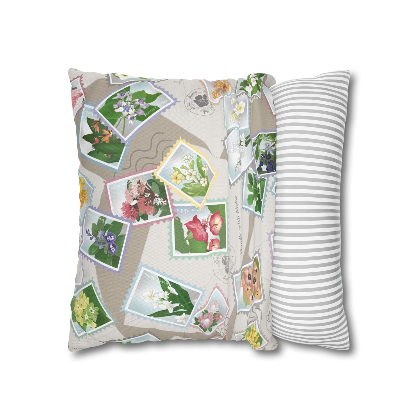 Canvas Throw Pillow Case- Hawaiian Flower Postage Stamp Collage