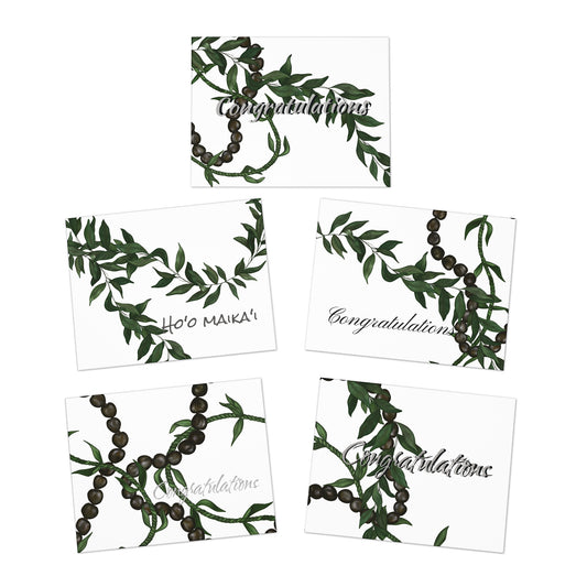 Congratulations Ho’o Maika’i Kukui Nut, Maile and Ti Leaf Lei Greeting Cards, Set of 5
