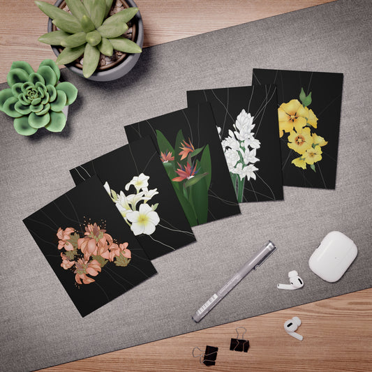 Notecard Set- Hawaii’s Favorite Florals Set 2 in Black: Wili WIli, Plumeria, Bird of Paradise, Tuberose, Ilima, Variety Pack of 5