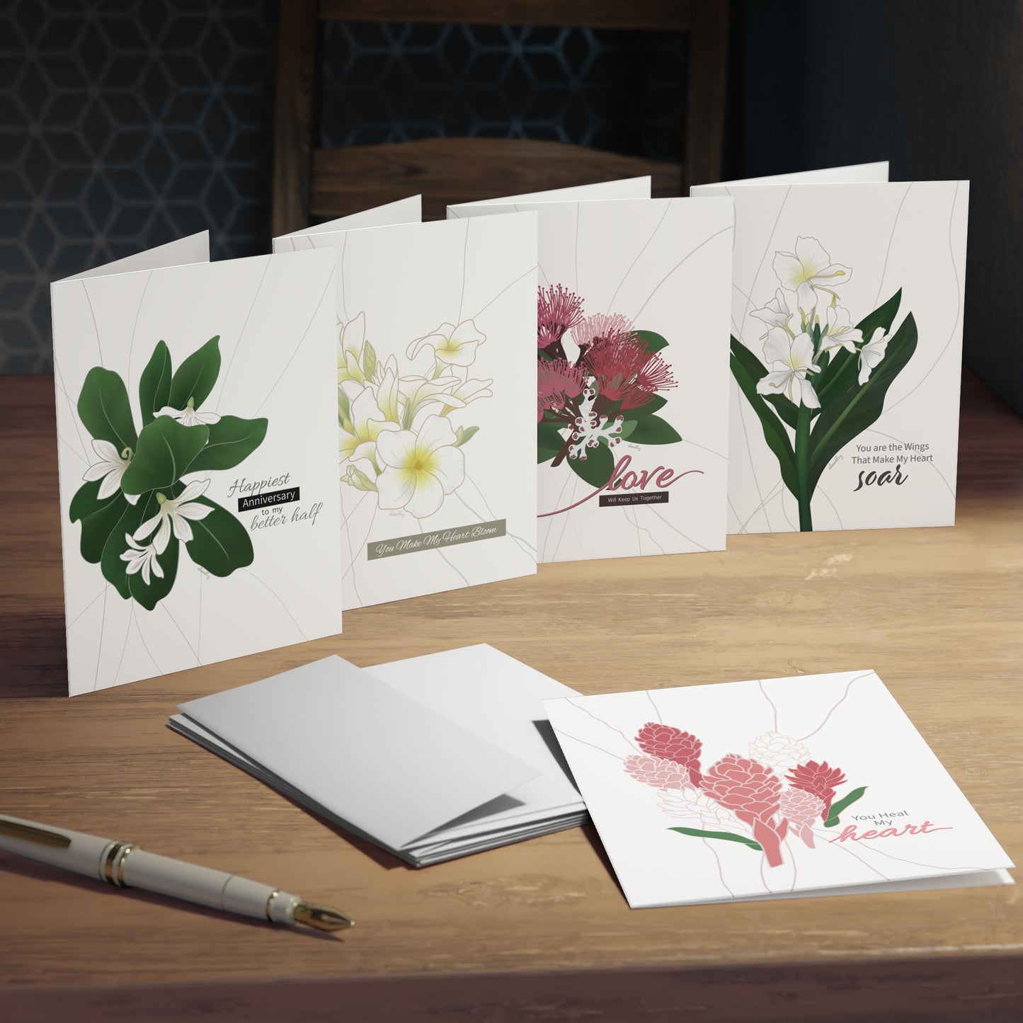 Greeting Card Set- Floral Love Set: Hawaiian Ginger, Plumeria, Ohia Lehua, White Butterfly Ginger, Naupaka, Variety Pack of 5