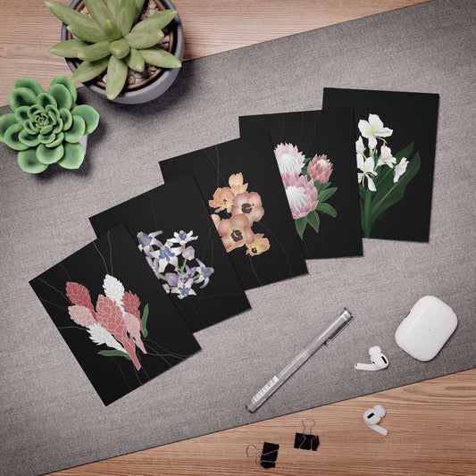 Notecard Set- Idimedley’s Favorite Florals Black Set: Hawaiian Ginger, Crown Flower, Hau Sea Hibiscus, Protea, White Butterfly Ginger, Variety Pack of 5